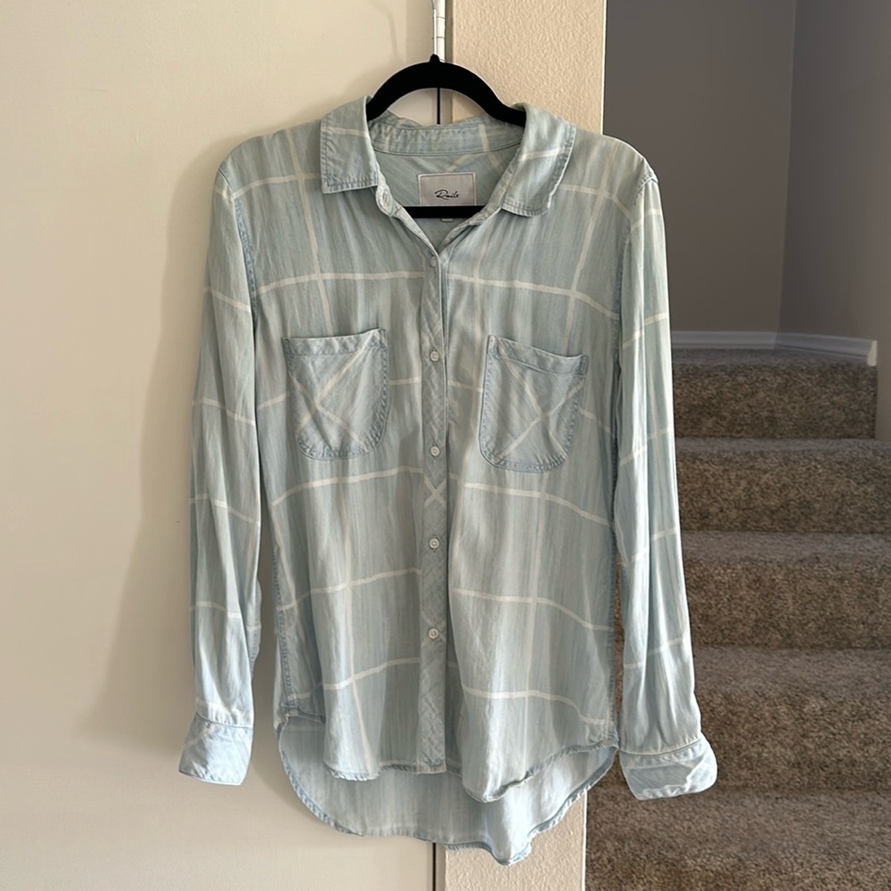 Rails size small women’s collared shirt. Light blue with white stripes.